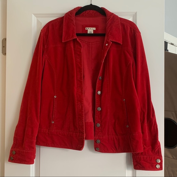 Red velveteen denim-style jacket - Picture 1 of 7